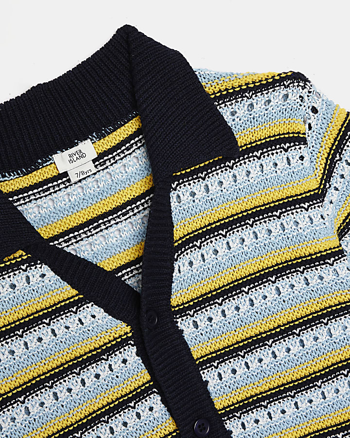 Boys navy crochet stripe polo shirt
