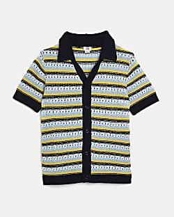 Boys navy crochet stripe polo shirt
