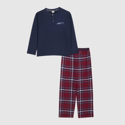 Boys Navy Henley Neck Check Pyjamas Set