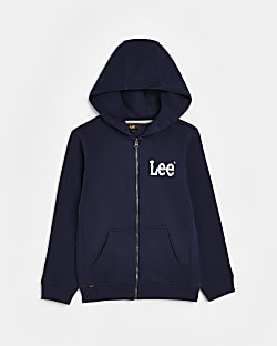 Boys Navy LEE Zip Front Logo Hoodie