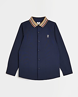 Boys Navy Long Sleeve Stripe Collar Shirt