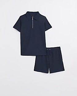 Boys navy Plisse Polo shirt set