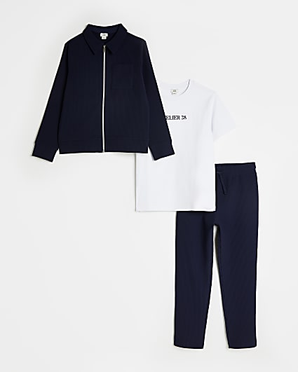 Boys navy Plisse shacket 3 piece outfit
