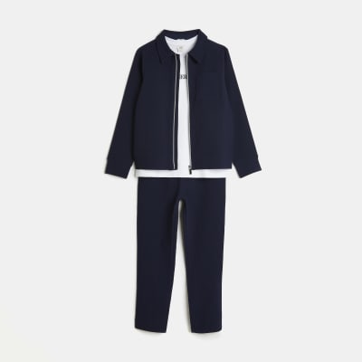 Boys navy Plisse shacket 3 piece outfit