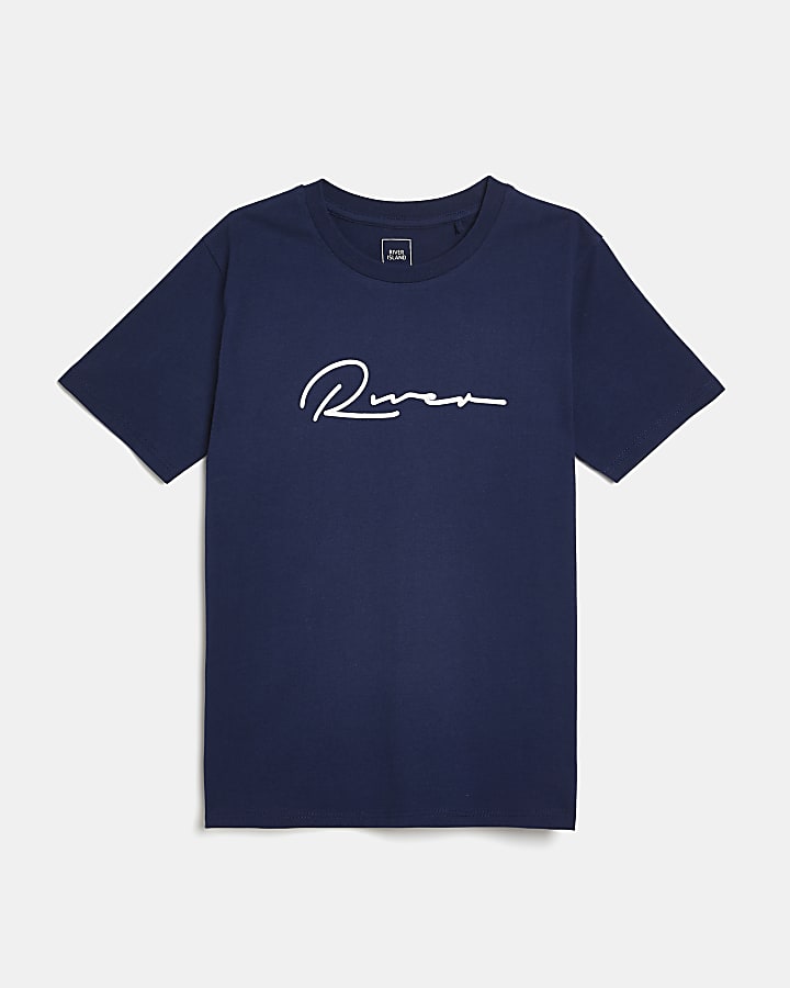 Boys navy River chest print t-shirt
