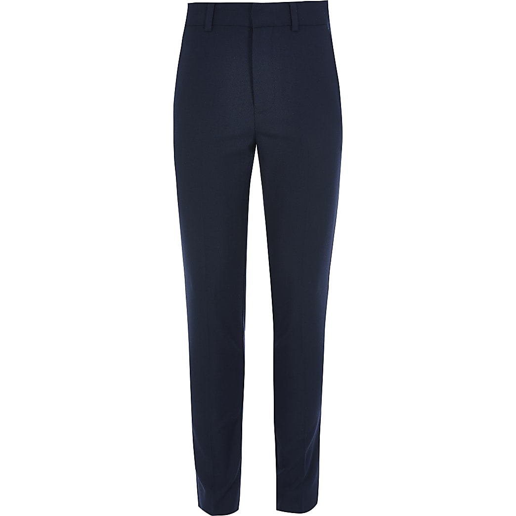 Boys navy slim fit smart trousers | River Island