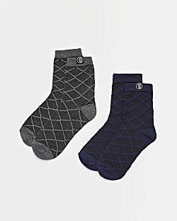 Boys Navy Textured check Smart Socks 2 pack