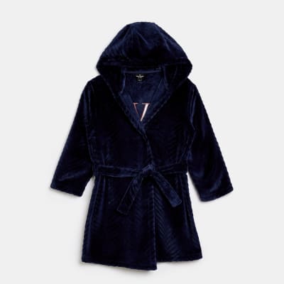 Boys Navy Textured Embroidered Dressing Gown River Island