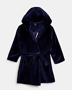 Boys Navy Textured Embroidered Dressing Gown