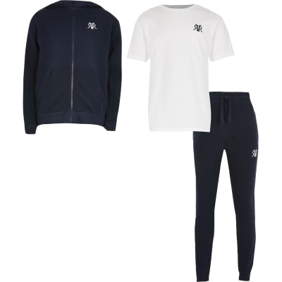 Boys navy three piece tracksuit | River Island