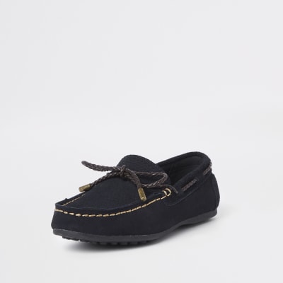 Boys navy tie front loafers | River Island