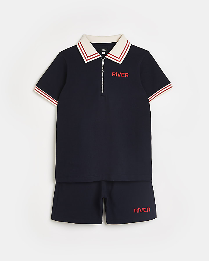 Boys navy tipped collar polo shirt outfit