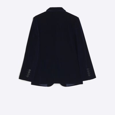 Boys navy velvet blazer | River Island