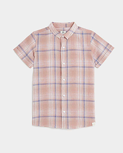 Boys pink check print linen shirt