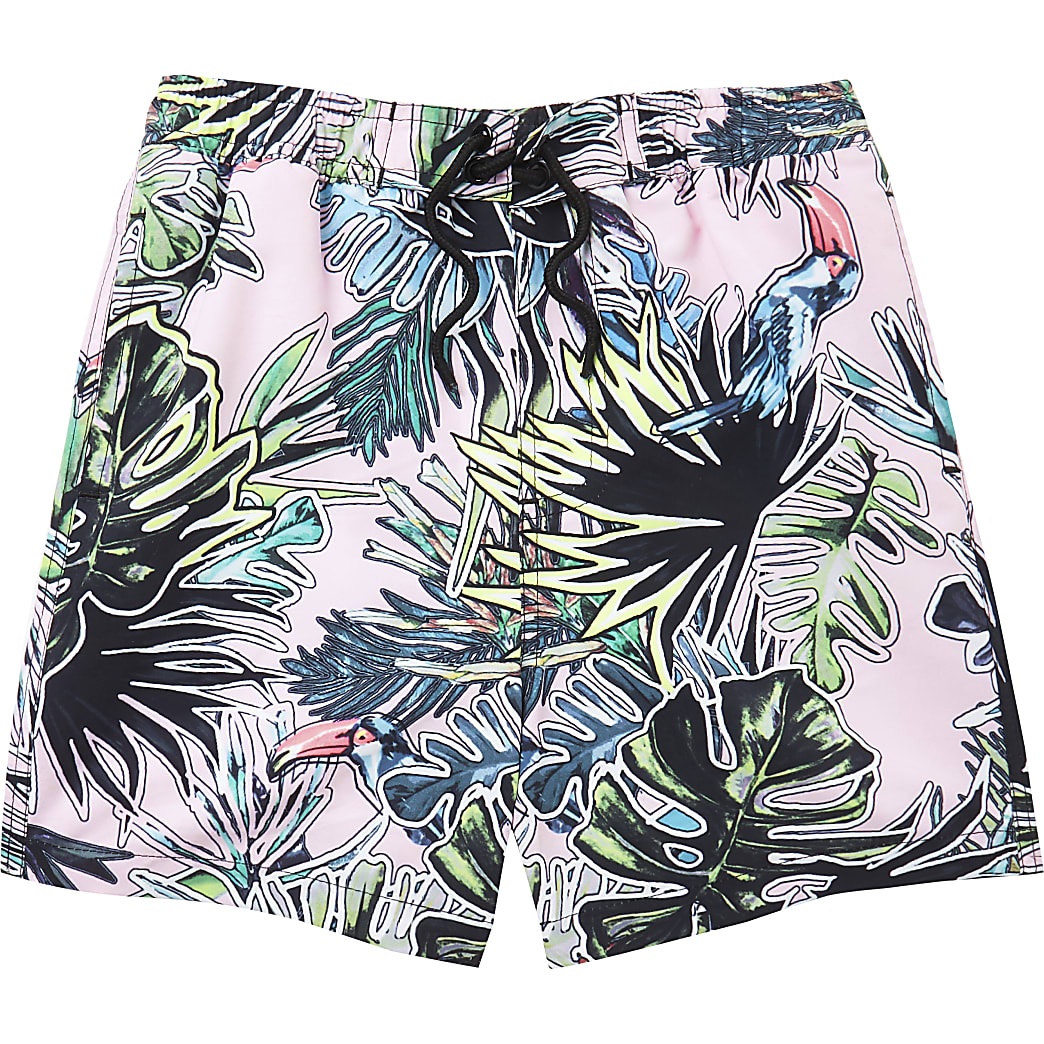 Boys pink leaf print swim shorts | River Island