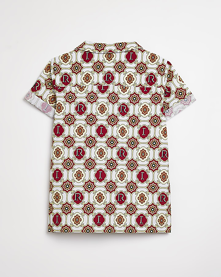 Boys red geometric print revere shirt