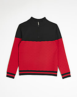Boys red knit colour block jumper