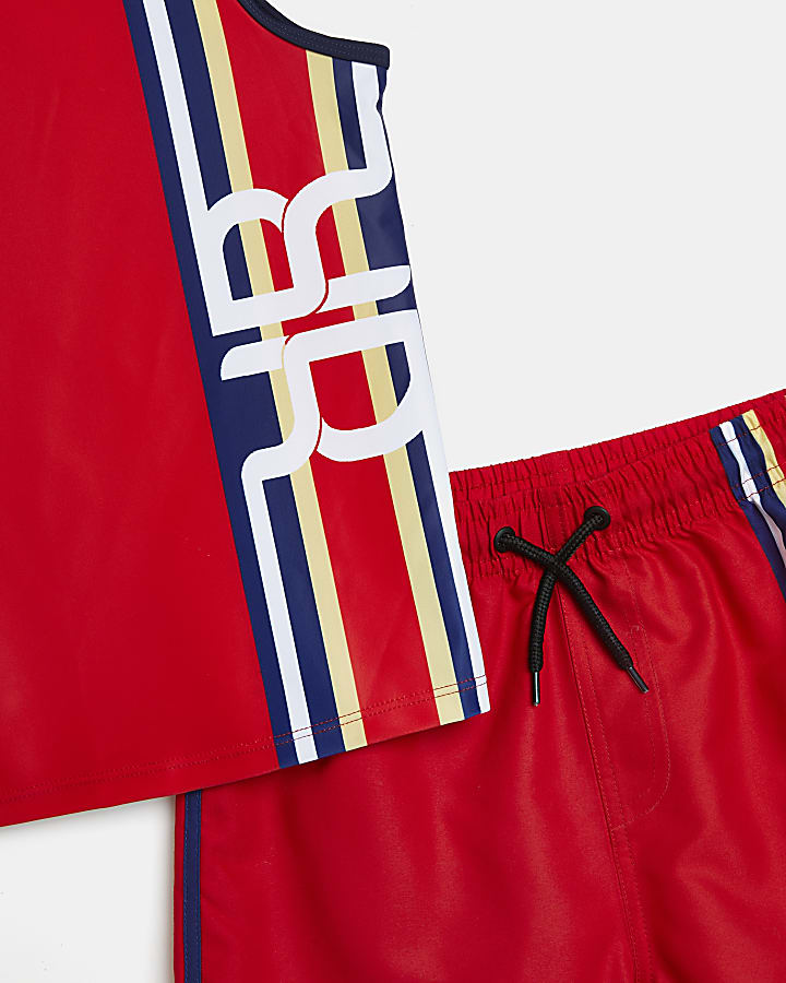 Boys red RI stripe vest and swim shorts set