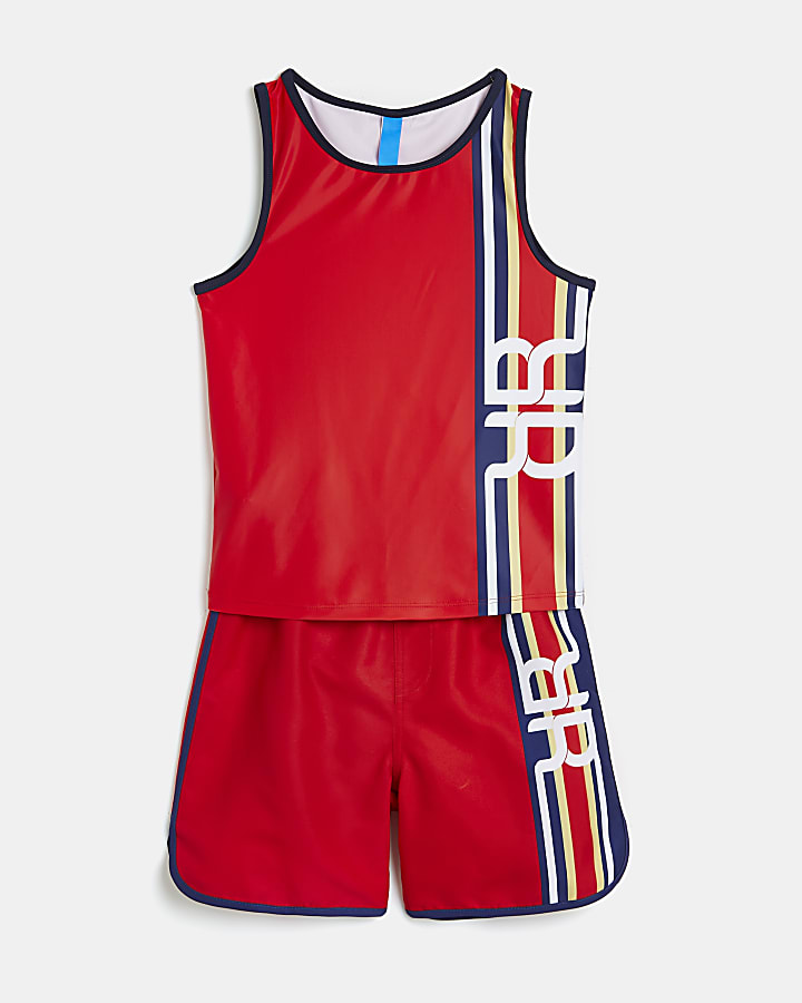 Boys red RI stripe vest and swim shorts set