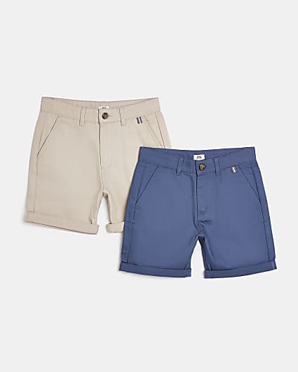 Boys stone and blue chino shorts 2 pack
