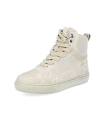 360 degree animation of product Boys stone faux leather high top trainers frame-0