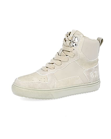 360 degree animation of product Boys stone faux leather high top trainers frame-1