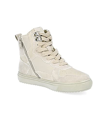 360 degree animation of product Boys stone faux leather high top trainers frame-17