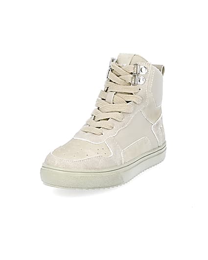 360 degree animation of product Boys stone faux leather high top trainers frame-23