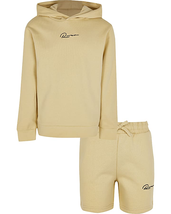 Boys stone 'River' hoodie and shorts outfit