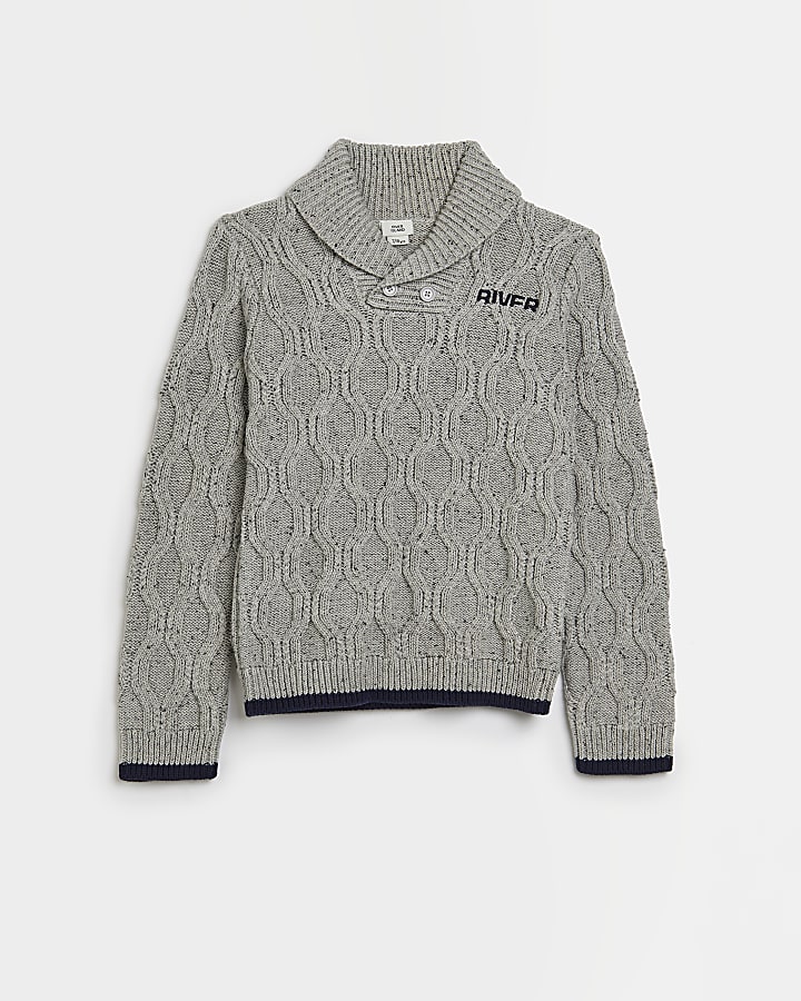 Boys stone shawl neck cable knit jumper