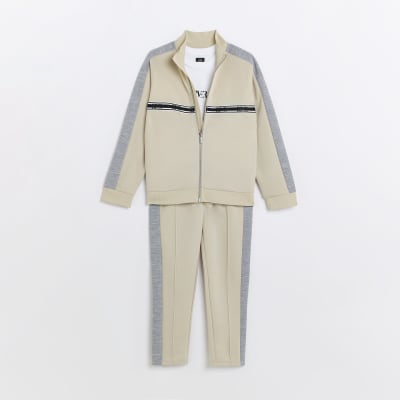 Boys Stone Taped track jacket and joggers Set River Island