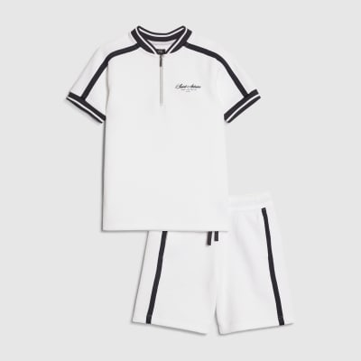 Boys White Baseball Polo Shirt Set