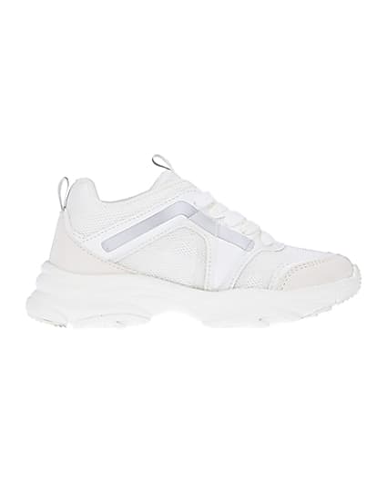 360 degree animation of product Boys white chunky lace up trainers frame-15