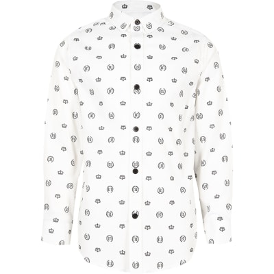 Boys white crown print tape side button shirt