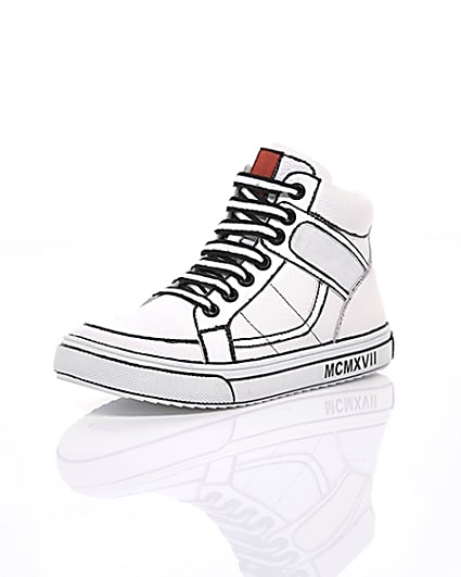 360 degree animation of product Boys white drawn-on high top trainers frame-0