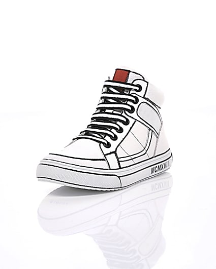 360 degree animation of product Boys white drawn-on high top trainers frame-1