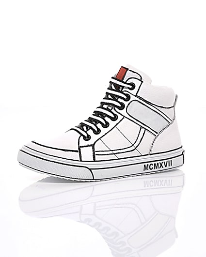 360 degree animation of product Boys white drawn-on high top trainers frame-23