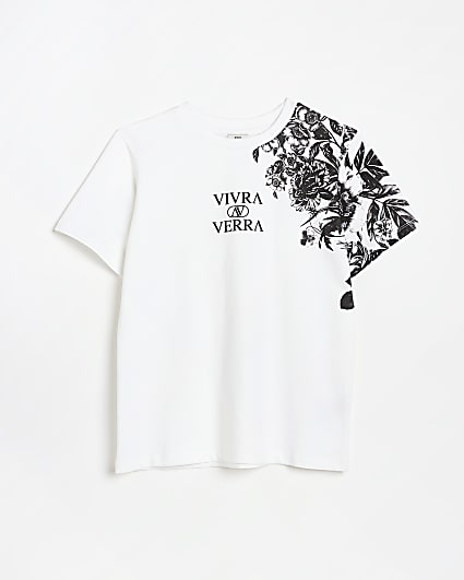 Boys White Floral shoulder Print t-shirt