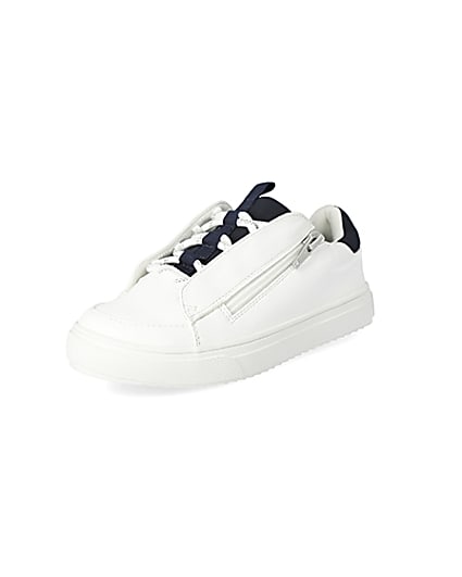 360 degree animation of product Boys white lace-up zip side trainers frame-0