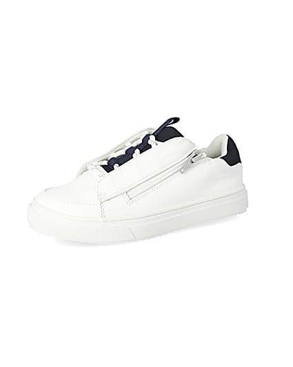 360 degree animation of product Boys white lace-up zip side trainers frame-1