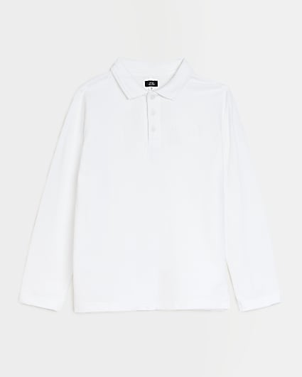 Boys White Long Sleeve Pique Polo Shirt