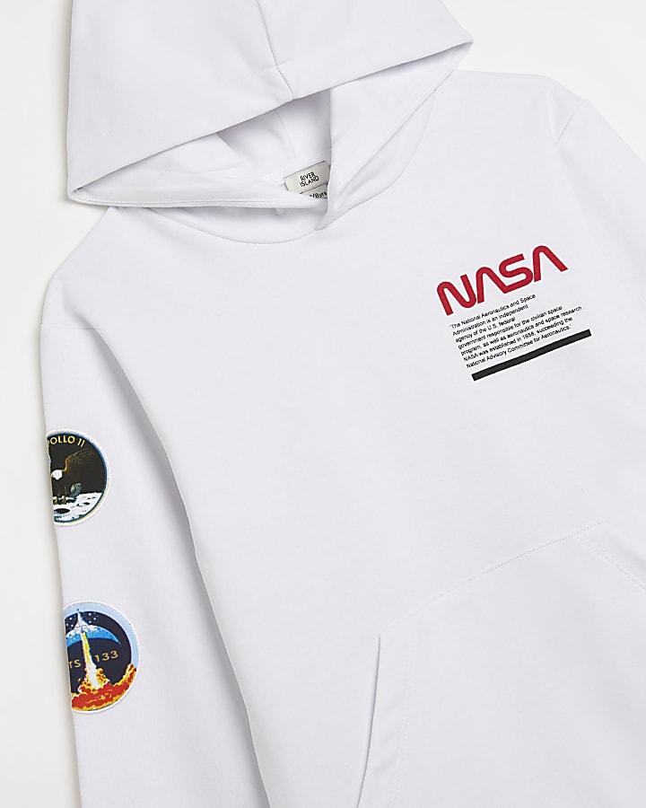 Boys white NASA branded badge hoodie