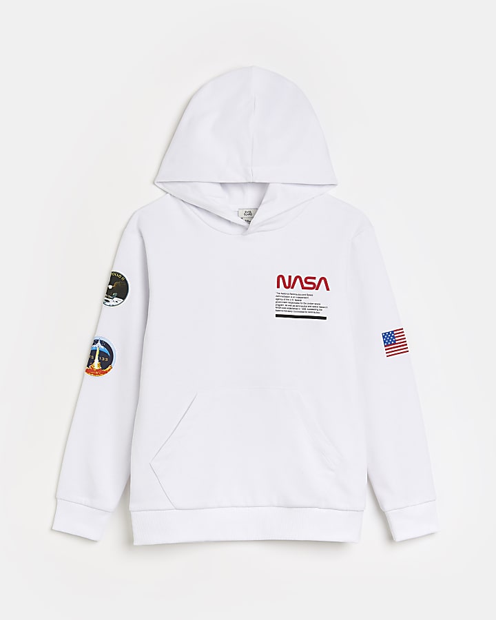 Boys white NASA branded badge hoodie