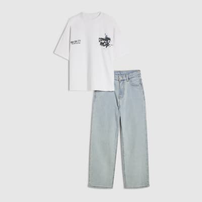 Boys White New York T-Shirt And Jeans Set