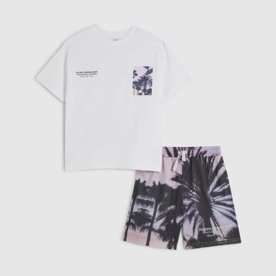 Boys White Palm Tree Mesh Shorts Set