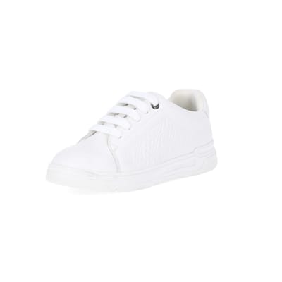 360 degree animation of product Boys White Pu Embossed Trainers frame-0