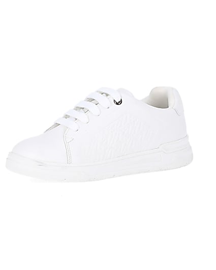 360 degree animation of product Boys White Pu Embossed Trainers frame-1