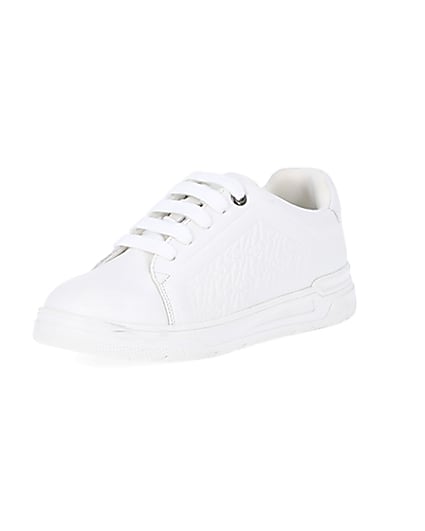 360 degree animation of product Boys White wide fit Pu Embossed Trainers frame-0
