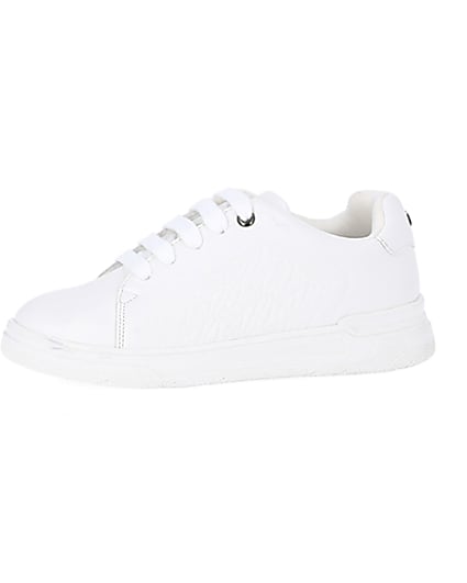360 degree animation of product Boys White wide fit Pu Embossed Trainers frame-2