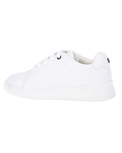 360 degree animation of product Boys White wide fit Pu Embossed Trainers frame-4